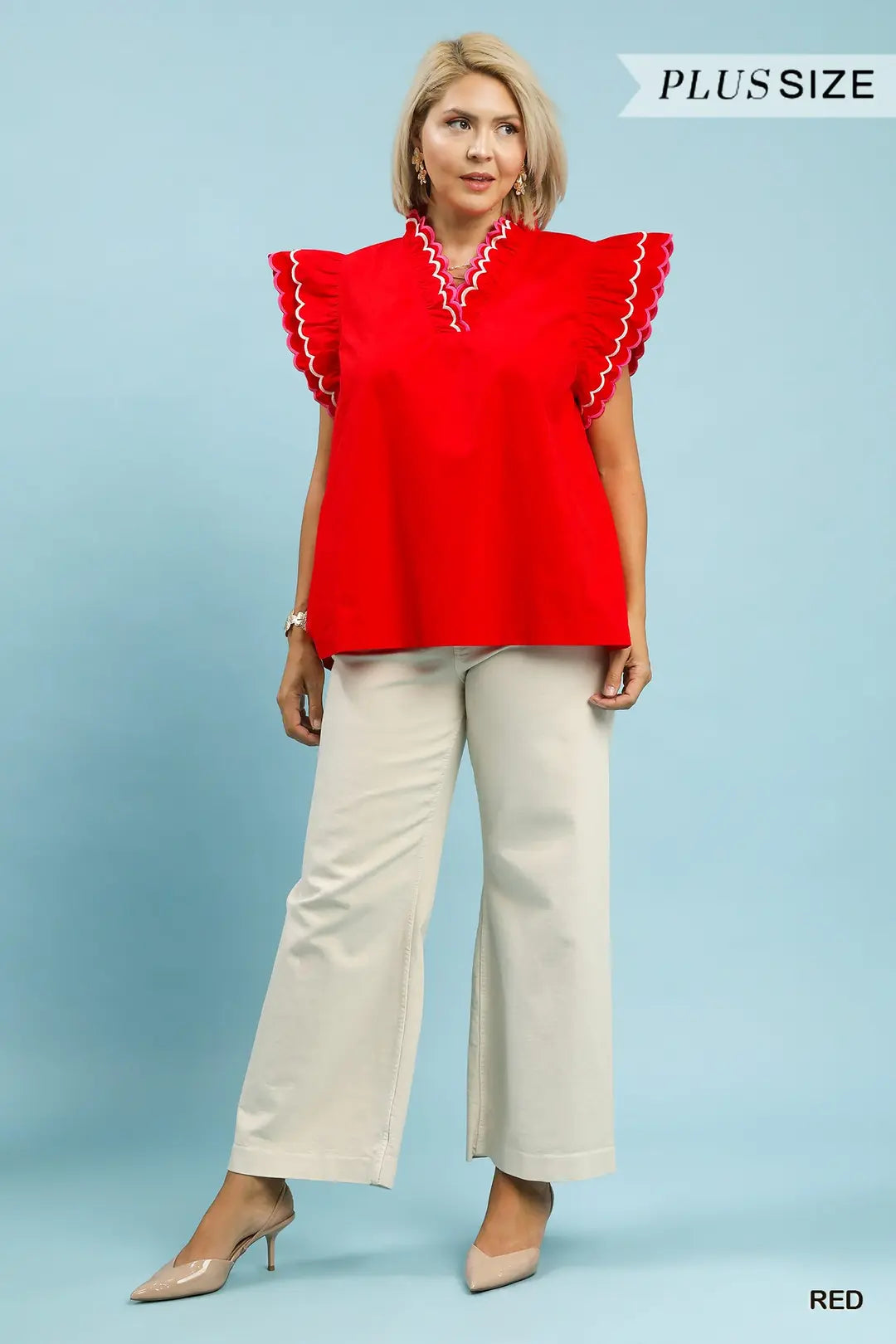 Umgee Scallop Trim Ruffle Sleeve Top-Red