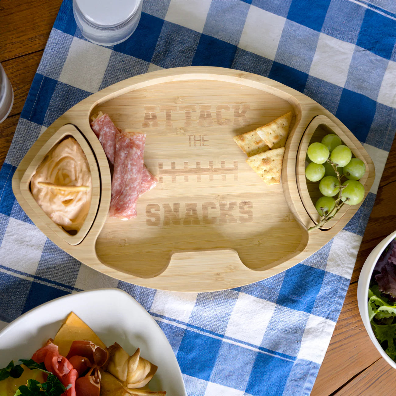 PAVILION ATTACK THE SNACKS BAMBOO SERVING BOARD WITH DIP BOWLS