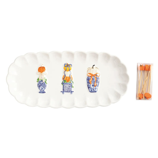 MUD PIE PUMPKIN TOPIARY TRAY & TOOTHPICK SET