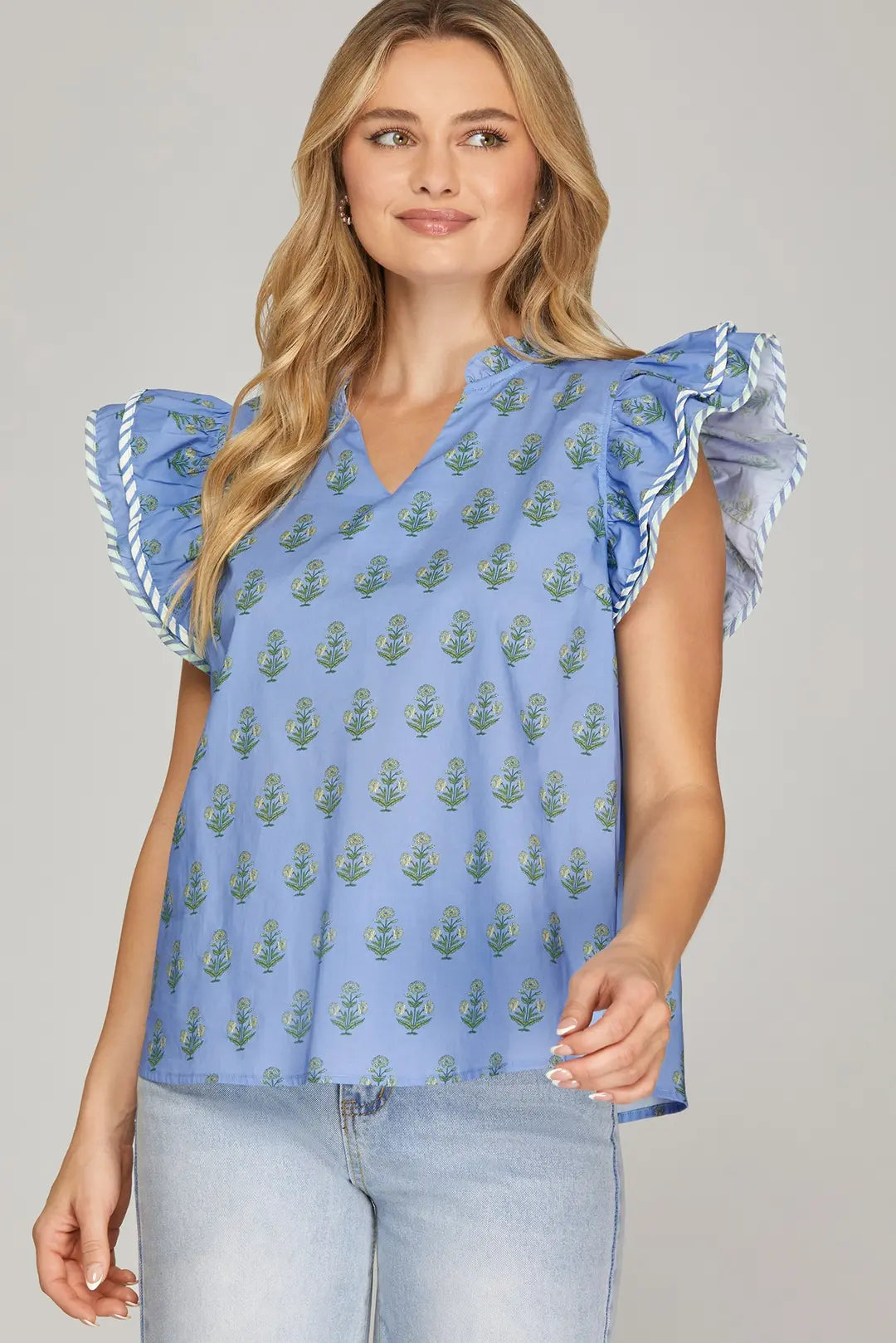 SHE + SKY RUFFLED SLEEVE WOVEN PRINTED TOP-PERIWINKLE