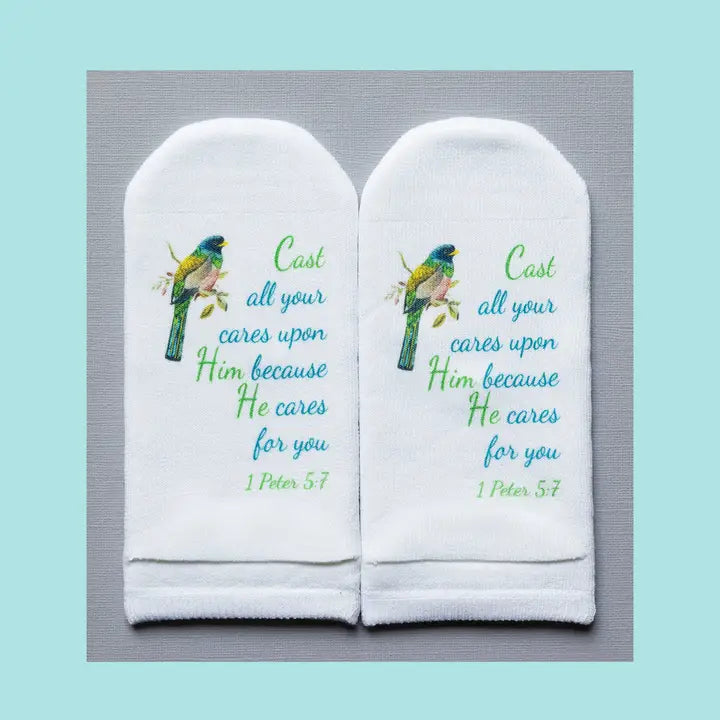 Standing on the Word Socks 1 Peter 5:7 - Cast Your Cares Upon Him Because He Cares