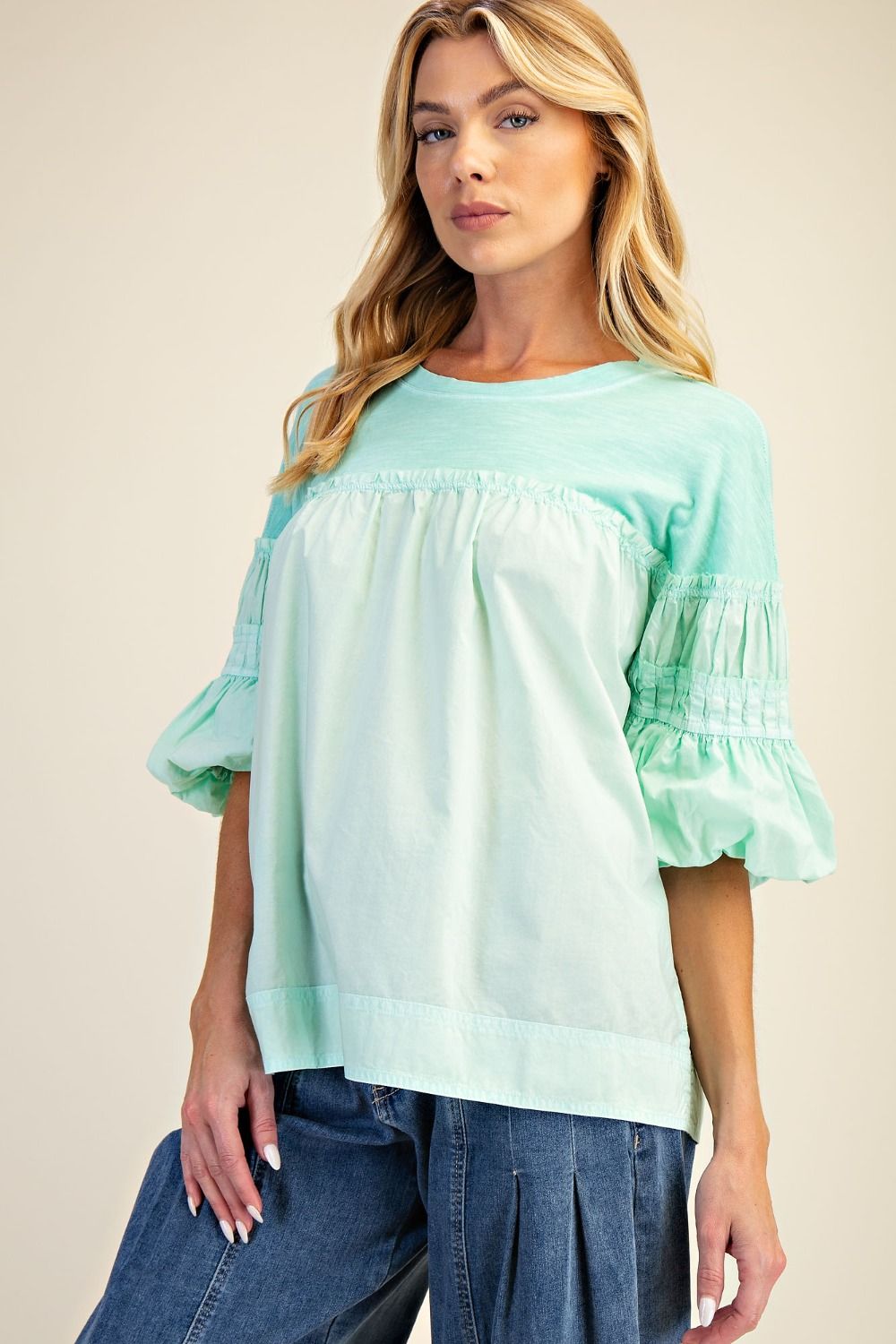 EASEL WASHED COTTON VOILE TOP-ATLANTIS GREEN