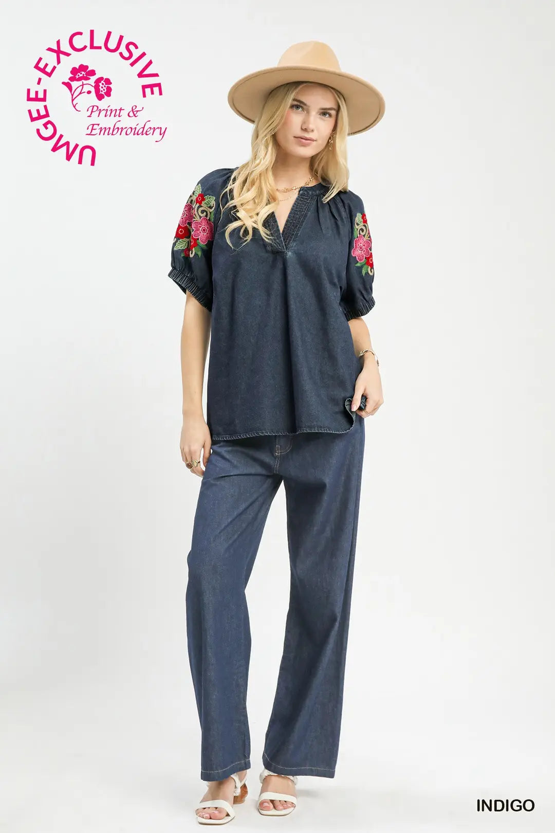 Umgee Denim Embroidered Puff Sleeve Boho Top