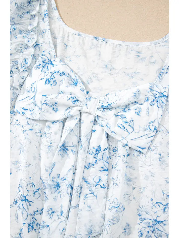 Floral Ruffled Short Sleeve Square Neck Bow Back Blouse