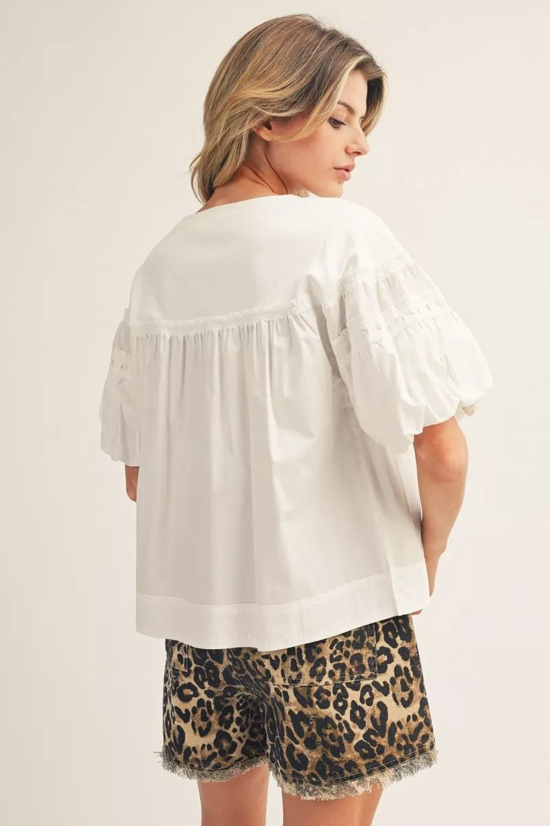Jodifl Pleat Detail Puff Sleeves Solid Fabric Mix Top