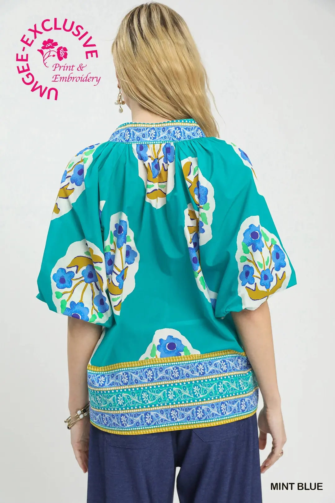 Umgee Boho-Chic Floral Print Blouse-Mint Blue