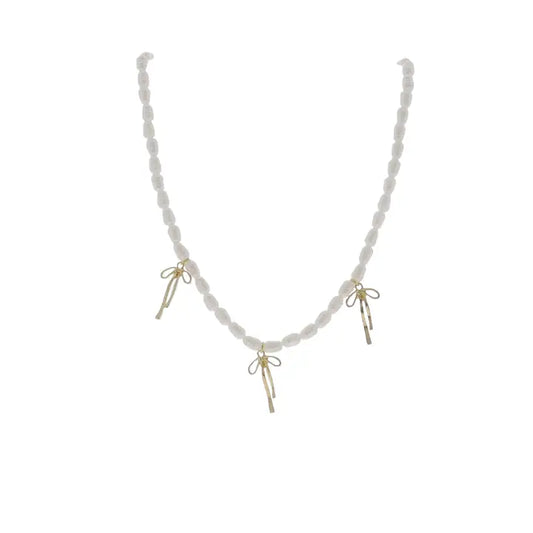 Jane Marie White Pearl Beaded Necklace with Gold Bows