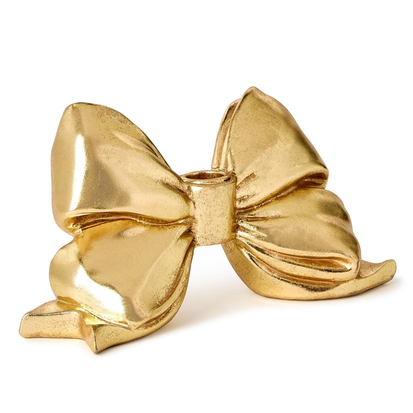 TWO'S COMPANY LARGE GOLD BOW TAPER CANDLEHOLDER
