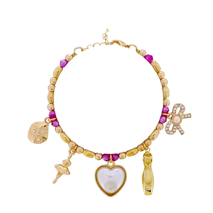 Jane Marie Kids Pink Beaded Bracelet with Ballerina, Heart, Bow