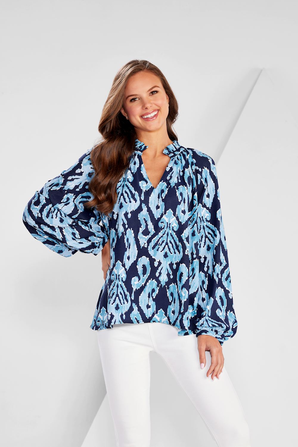 MUD PIE NAVY IKAT BLOCK PRINT WARREN TOP