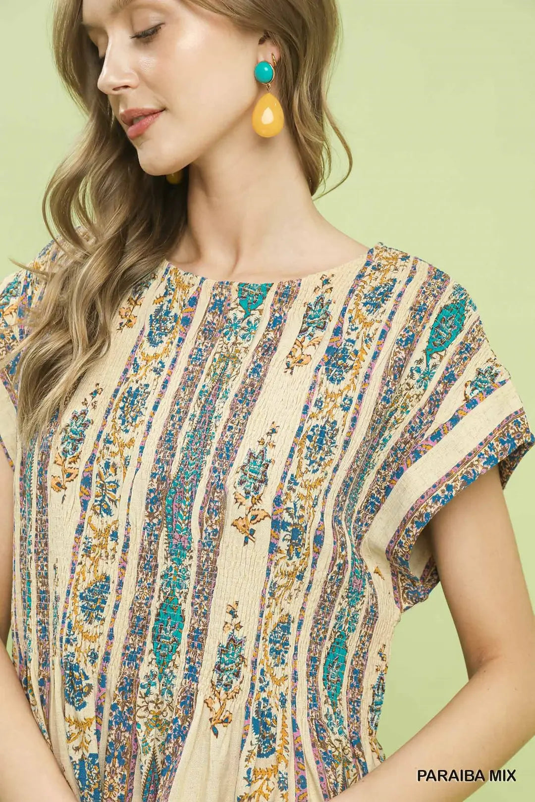 Umgee Linen Printed Cap Sleeve Top