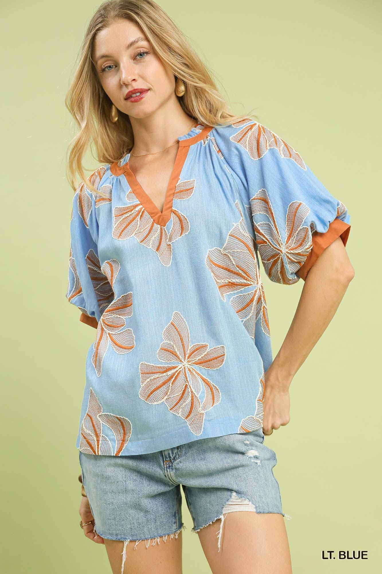 Umgee Embroidered V-neck Top-Lt. Blue
