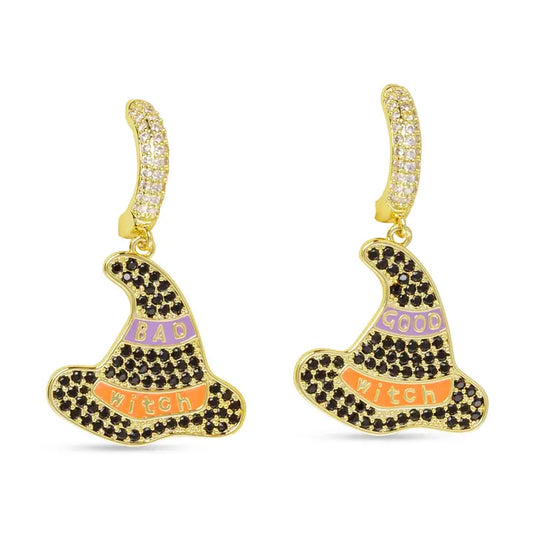 Amanda Blu Gold Black Cz Good/Bad Witch Hat Earrings