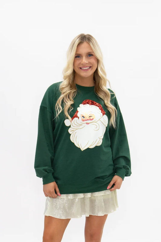 Grace + Emma Glitter Santa on Green Longsleeve Top