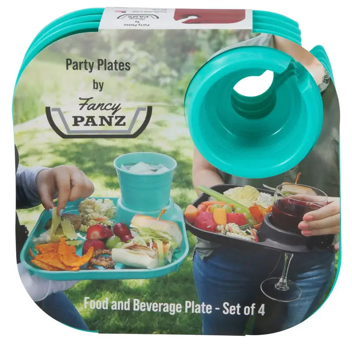 Fancy Panz Reusable Party Plates w/ Beverage Holder - Set of 4 - Aqua