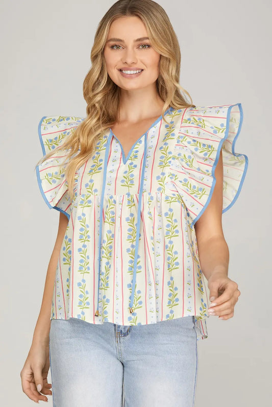 SHE + SKY RUFFLE SLEEVE PRINTED TOP-BLUE