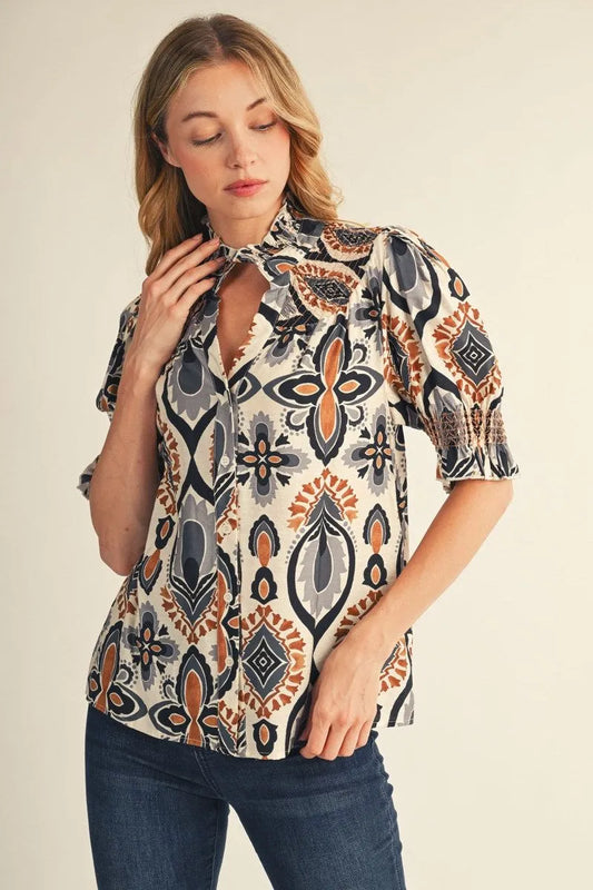 Jodifl Short Puff Sleeves Notched V Neck Boho Print Blouse