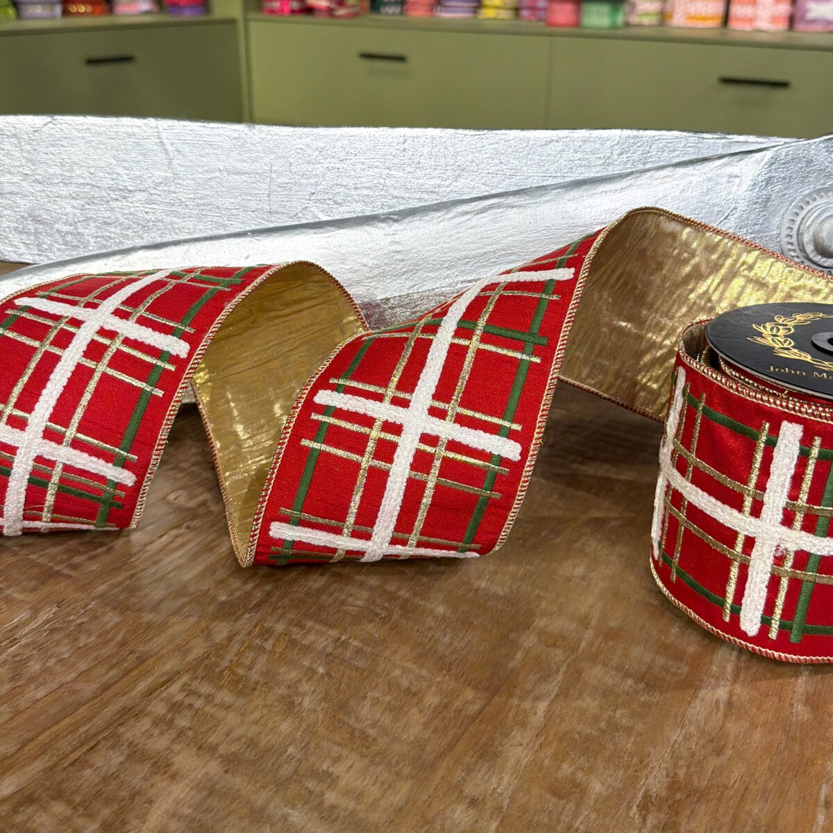 John Mark Enterprises Embroidered Red Gold Green Plaid Dupion Fused Gold Metallic