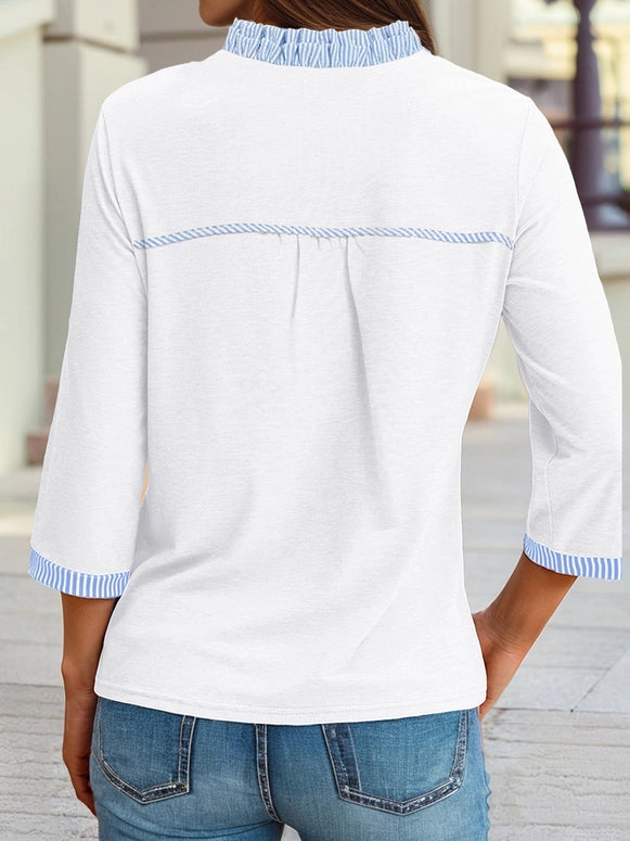 Striped Patchwork V Neck 3/4 Sleeve Blouse