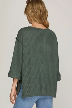 She + Sky 3/4 FOLDED SLEEVE KNIT TOP-Slate