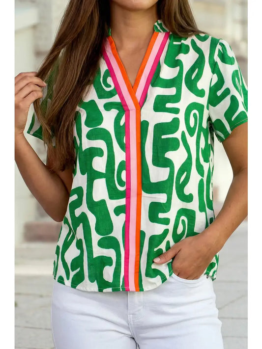Abstract Print Striped Trim V Neck Short Sleeve Blouse