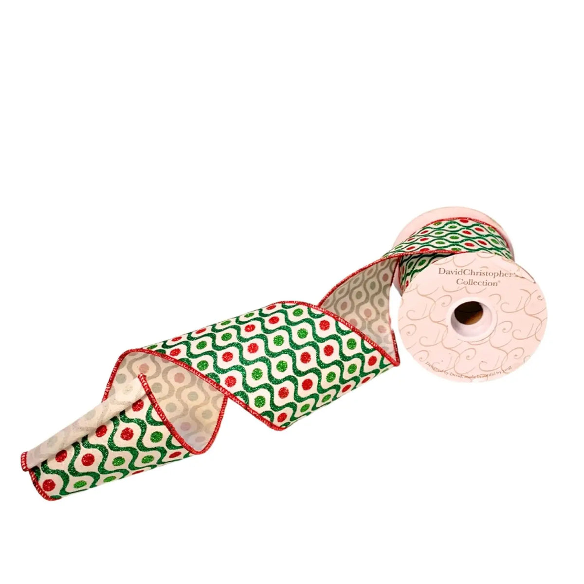 David Christopher's White Faux Dupioni Red/Green Dot Ribbon 4” X 10yd
