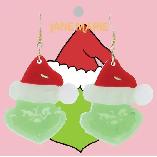 Jane Marie Green, Red, White Grinch with White Pom Earring