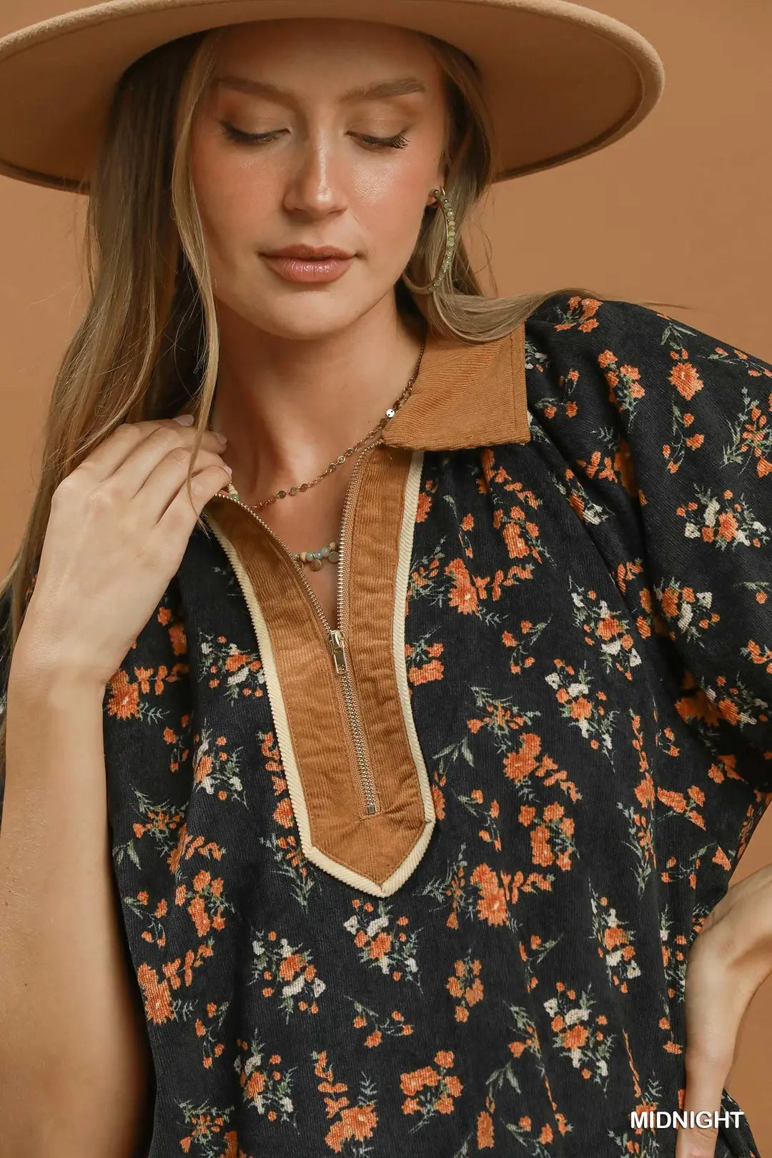 Umgee Floral Print Quarter Zip Contrast Collar Top-Midnight