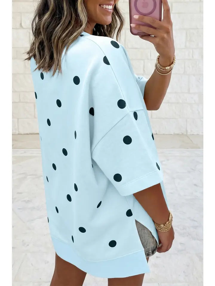 Butter Soft Polka Dot Print Loose Oversized T-Shirt-Sky Blue