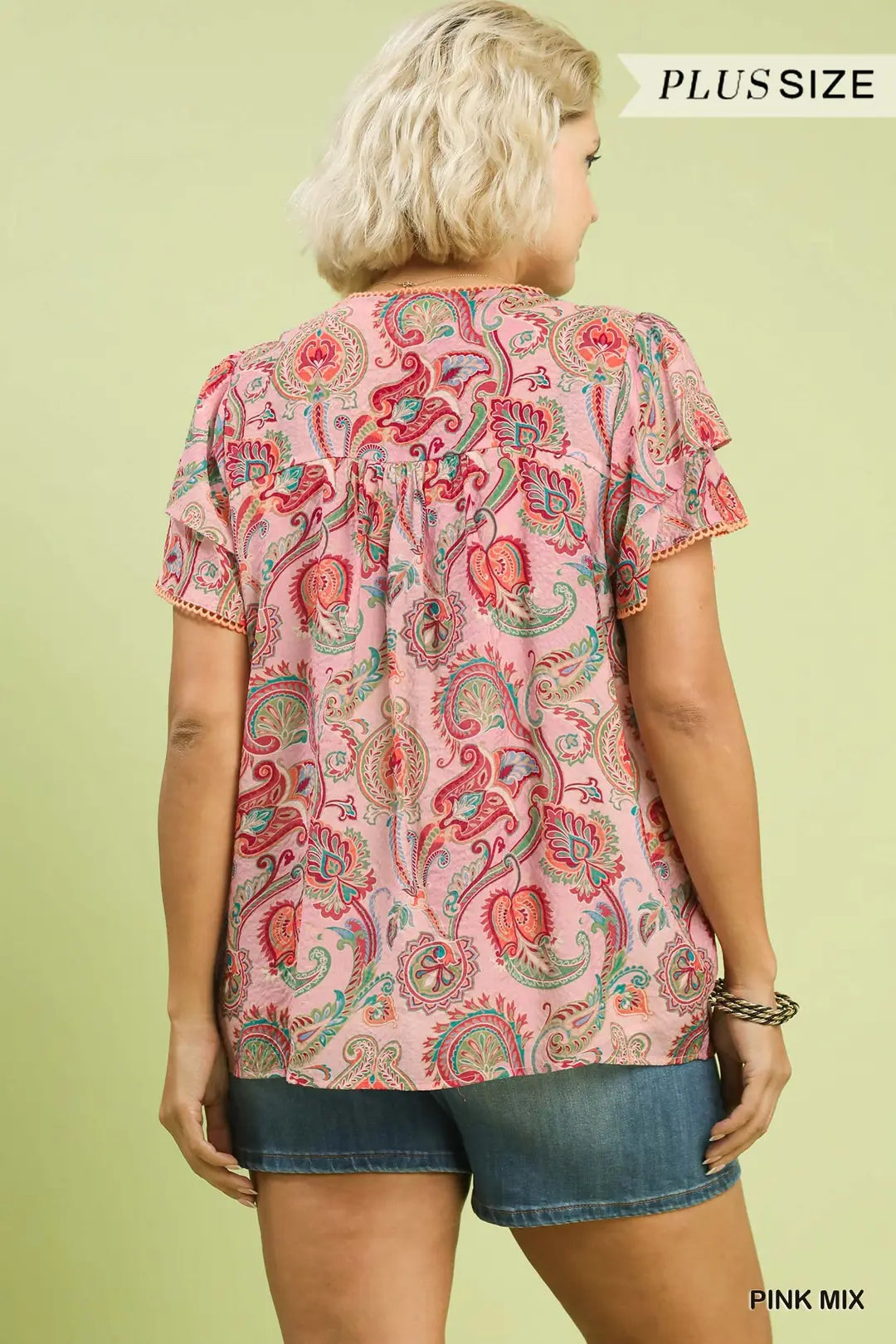 Umgee Mix Paisley Ruffle Sleeve Top-Pink Mix