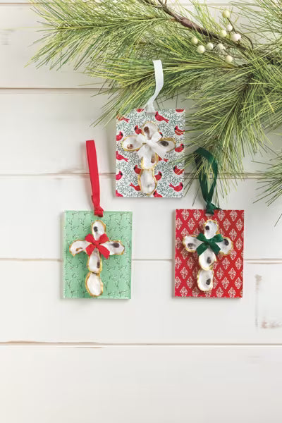MUD PIE RED ACRYLIC OYSTER CROSS ORNAMENT