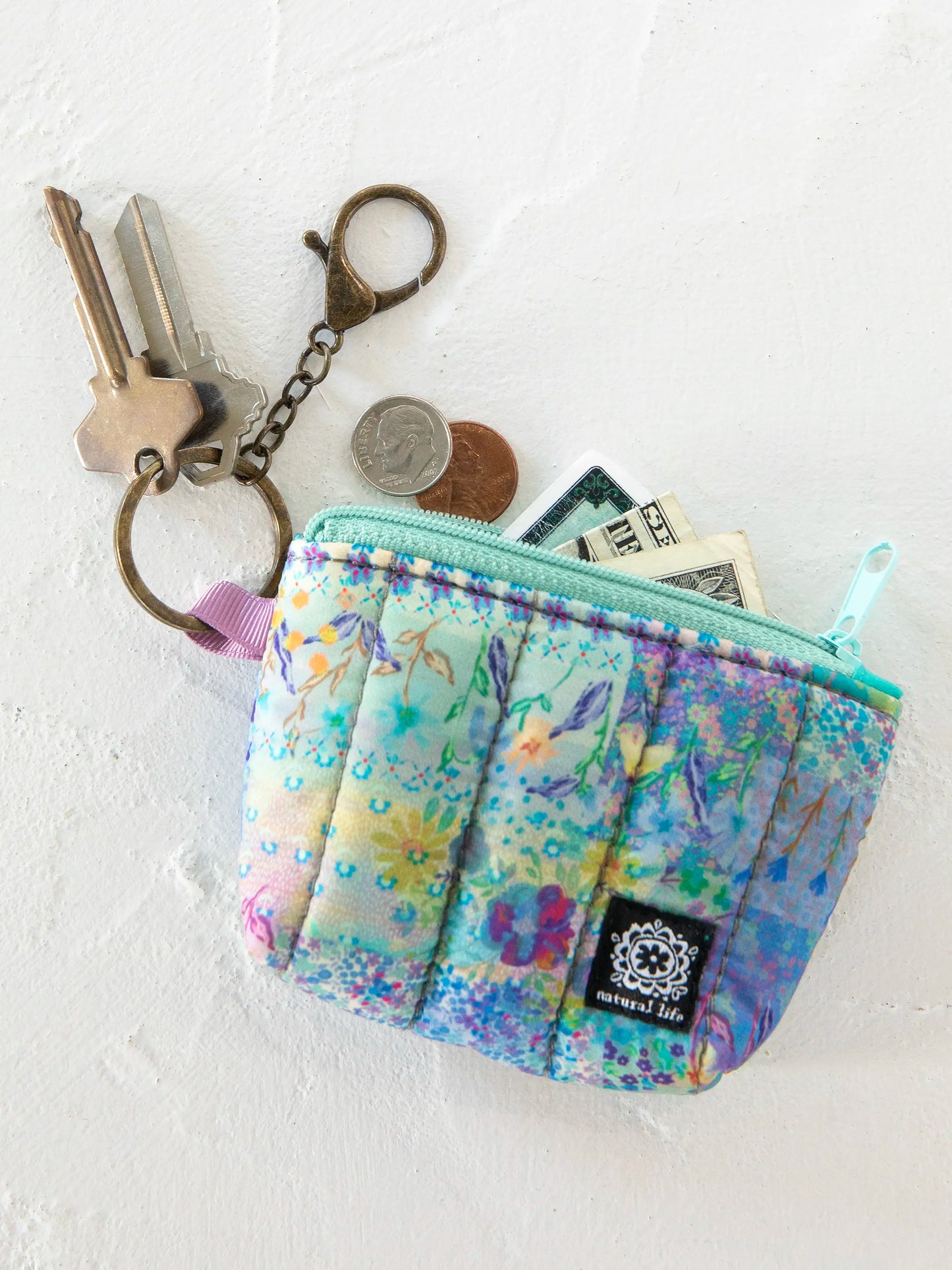 Natural Life Mini Puffy Coin Purse Key Clip - Blue Watercolor Patchwork