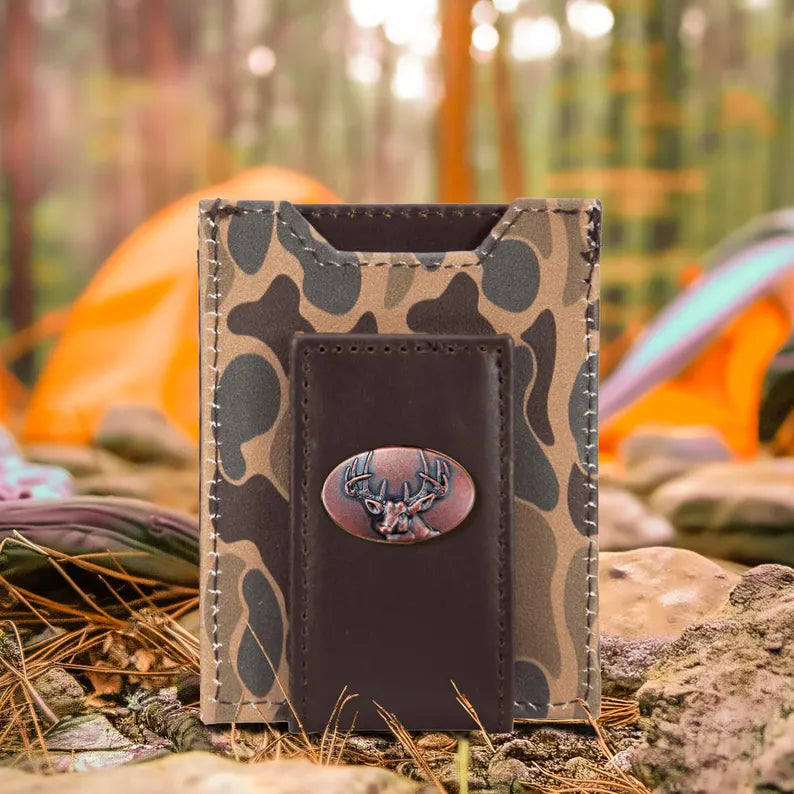 Zep-Pro Buck Men's Magnetic Front Pocket Old School Camo Leather Wallet.