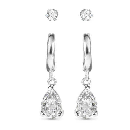 Amanda Blu Pear Cz Huggie and Cz Stud Duo Earrings - Silver