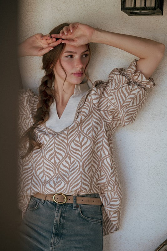 Jodifl Standing Collared Neck Boho Leaf Print Top