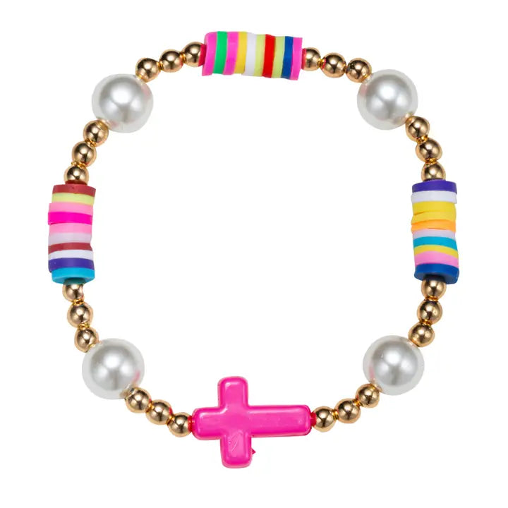 Jane Marie Kids Gold, Pearl, Multi Beaded Stretch Bracelet with Cross