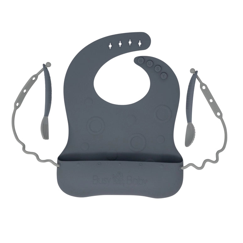 Busy Baby Stop-Drop Travel Bib+ Utensils-Pewter