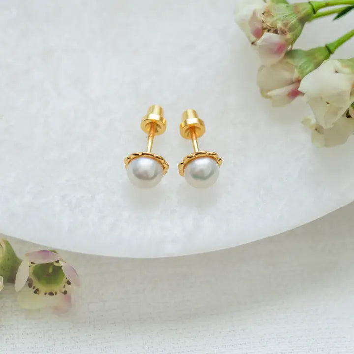 Cherished Moments Girls 14K Gold-Plated Pearl Screw Back Earrings For Toddlers