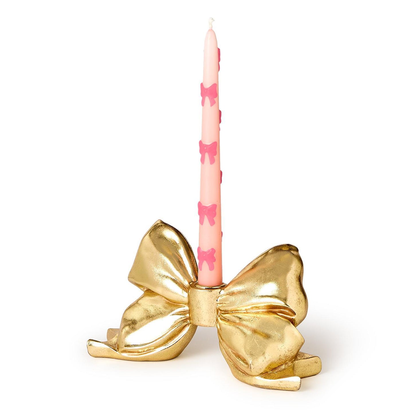 TWO'S COMPANY LARGE GOLD BOW TAPER CANDLEHOLDER