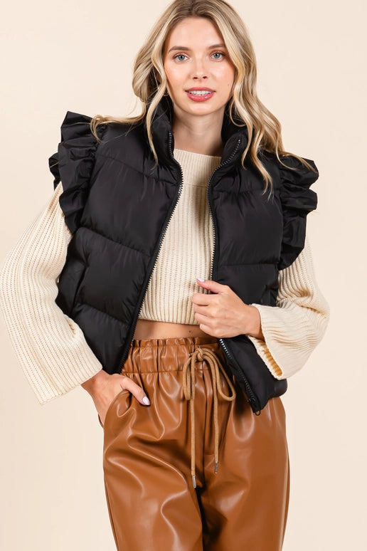 GeeGee Ruffled Sleeve Puffer Vest-Black