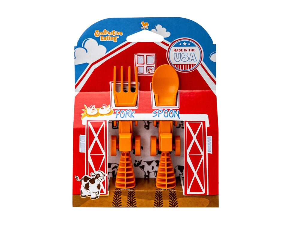 Constructive Eating Set of 2 Tractor Utensils-Orange