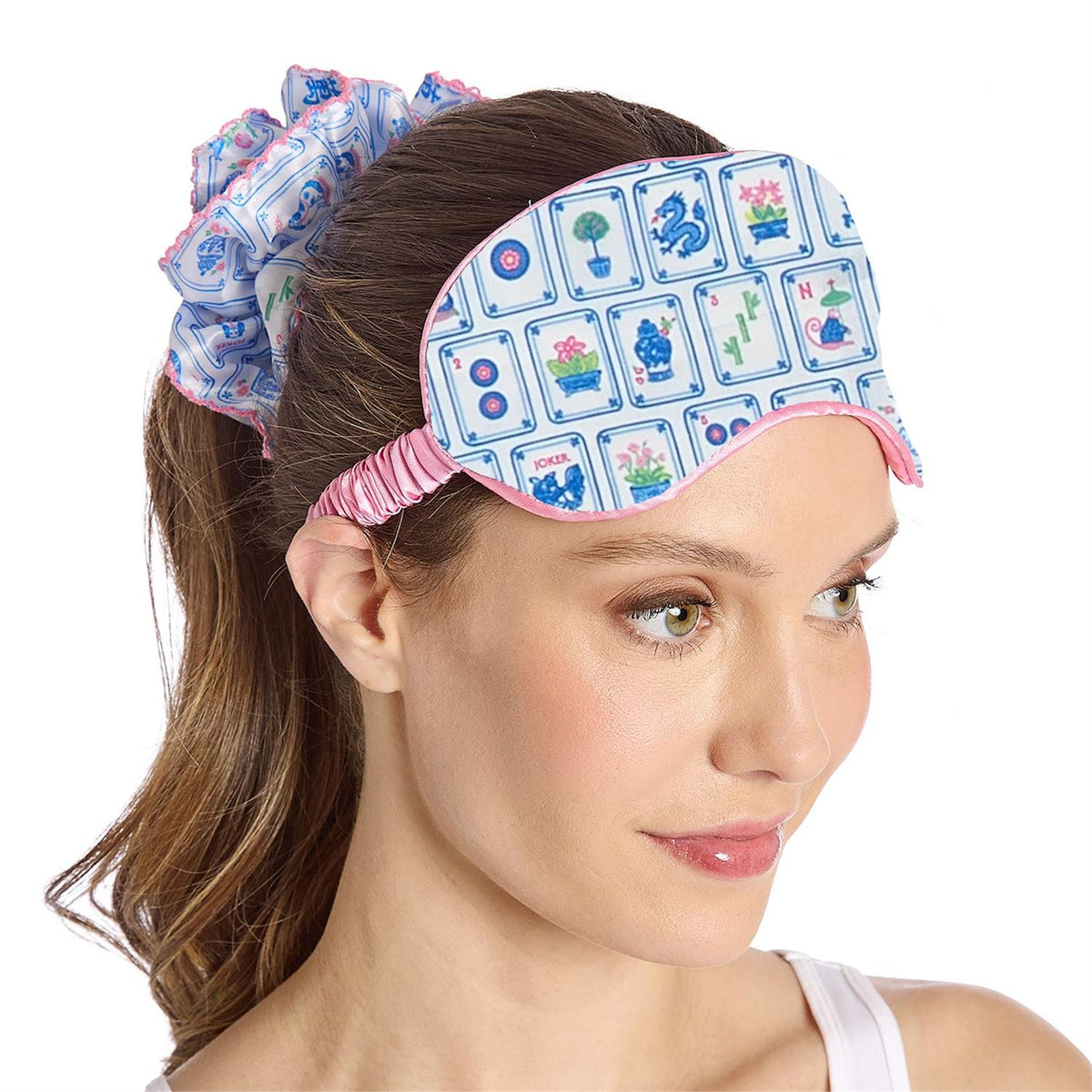 Two's Company Pagoda Party Mahjong Sleep Mask and Ruffle Scrunchie Set with Matching Drawstring Gift Bag