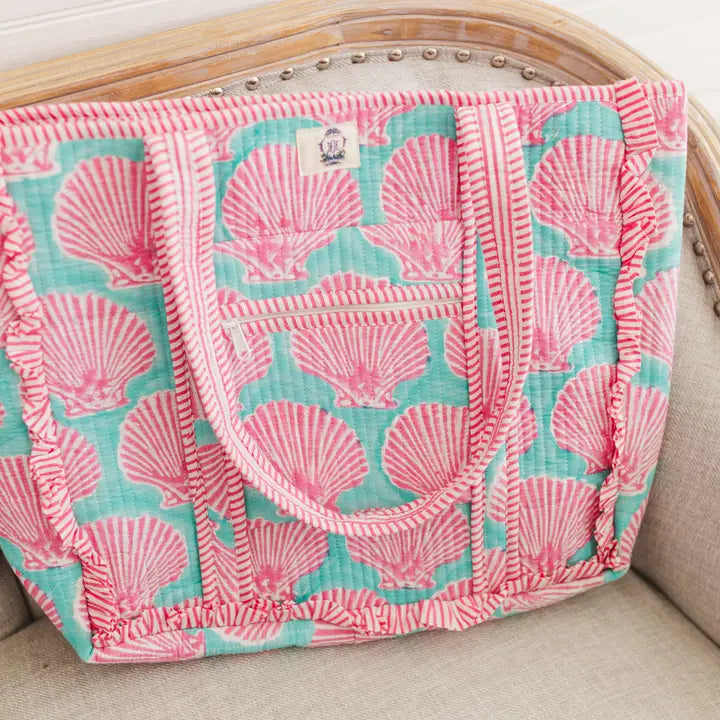 Heart of Grace Sanibel Pink Shell | Large Quilted Ruffle Tote Bag