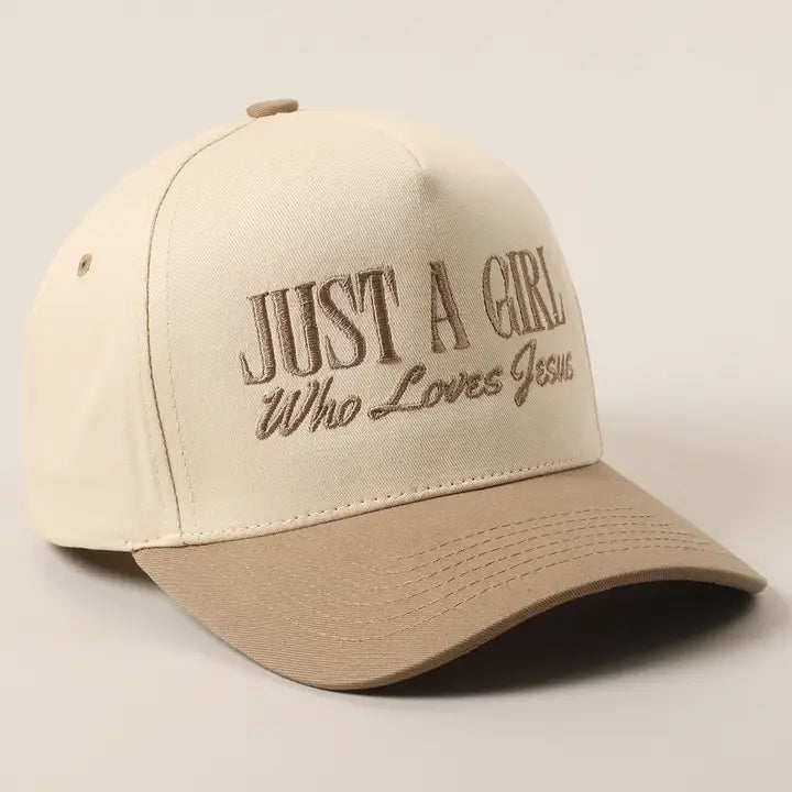 Just A Girl Who Loves Jesus Embroidery Trucker Hat-Beige