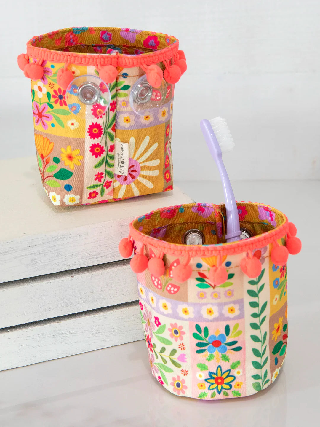 Natural Life Suction Mounted Toothbrush Holder-Pink Folk Flower