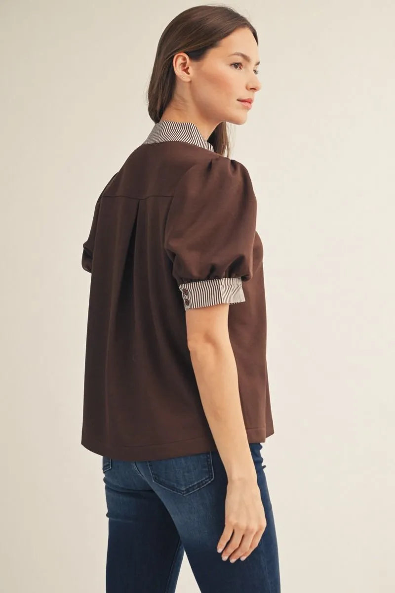 Jodifl Short Puff Sleeves High Neck Solid Top With Stripe Contrast Accent-Brown