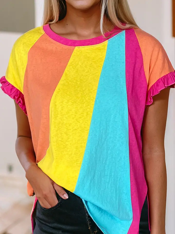 Color Block Ruffled Crew Neck Loose Fit T Shirt
