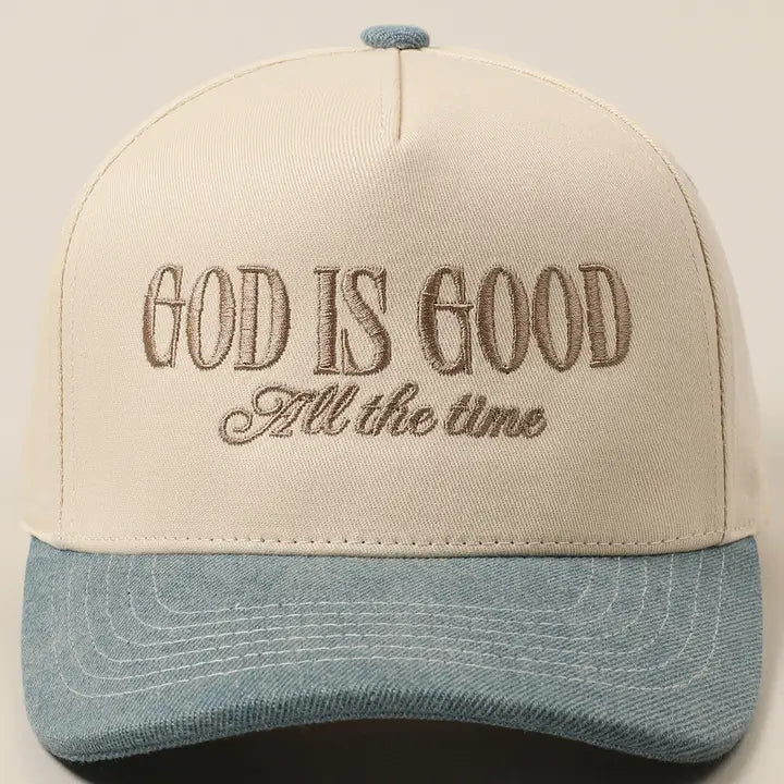 God Is Good All the Time Embroidery Trucker Hat-Denim