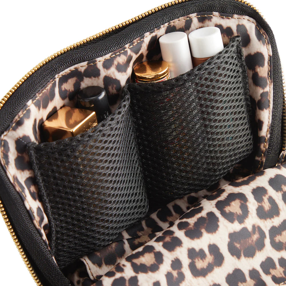 Kusshi Satin Black Fabric with Leopard Interior Everyday Makeup Bag