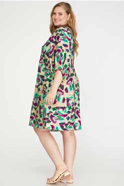 SHE & SKY PUFF SLEEVE CONTRAST PIPING PRINT WOVEN DRESS